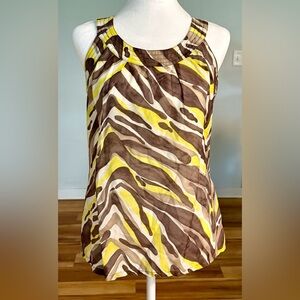Trina Turk, Silk Blend Sleeveless Boatneck Blouse , Yellow and Brown, Size 2